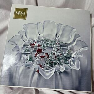 Mikasa Holiday Landscape Red Vanilla Christmas Crystal Serving Platter 13.5" NEW